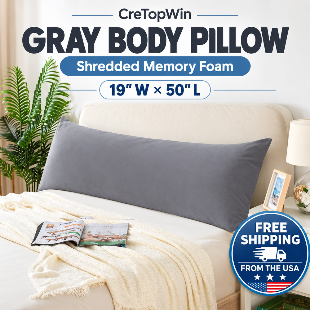 Body Pillow, Gray, Shredded Memory Foam 19"W x 50"L by CreTopWin